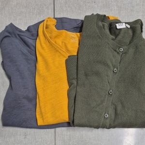 GAP Trio: Olive Cardigan, Mustard Long Sleeve, Slate Sleeveless Set Lot